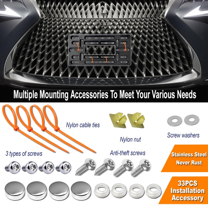 Aootf Front License Plate Bracket- Universal Front Bumper Plate Mounting Kit, Car Tag Holder Adapter& Stainless Steel Plate Cover, Anti-Theft Lock Screws, Caps, Nuts, for US Vehicle Trailer Truck - Image 5